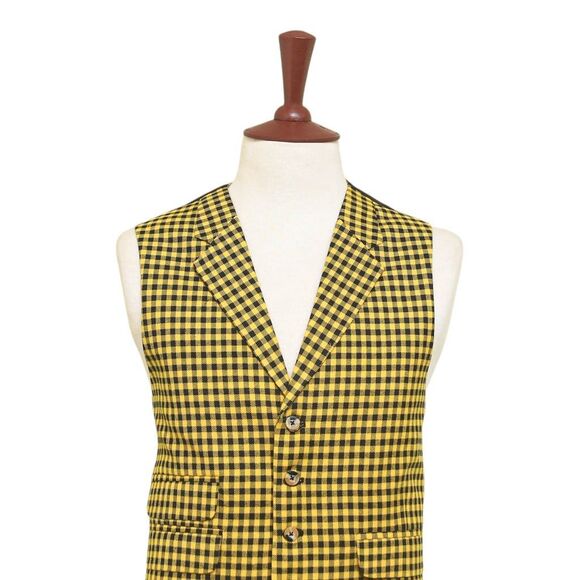 Mens Vest 44R Yellow Black Check Wool Waistcoat XL Formal Wedding Groom Party - Picture 4 of 8